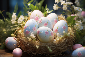 Wall Mural - Pink and blue Easter eggs with floral designs in nest. Easter greeting card