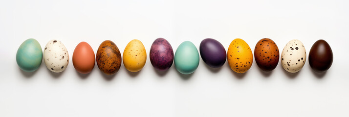 Wall Mural - Various Easter eggs aligned on white background banner. Panoramic web header. Wide screen wallpaper