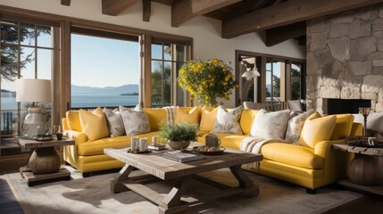 Wall Mural - beautiful small space casual living family room soft neutral wood beams  and a gorgeous grouping of swivel color fabric chairs around a striking coffee table coastal design nature freshness home