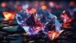 Magical iridescent gemstone crystals on dark background, sparkling glow