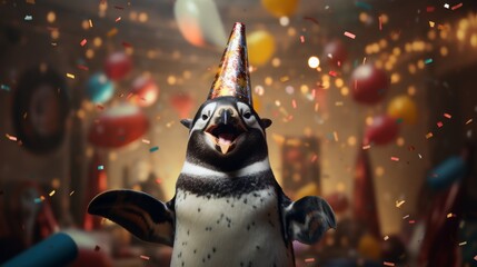 Wall Mural - penguin Happy cute animal friendly penguin wearing a party hat celebrating at a fancy newyear or birthday party festive celebration greeting with bokeh light and paper shoot confetti surround party