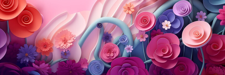 Wall Mural - Abstract colorful floral paper artwork banner. Panoramic web header. Wide screen wallpaper