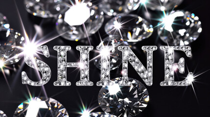 The word SHINE spelled out with glittering diamonds on black background