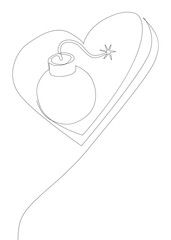 Wall Mural - One continuous line of bomb and heart shape. Thin Line Illustration Explosive Love vector concept. Contour Drawing Creative ideas.