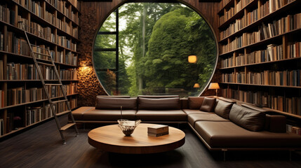 Canvas Print - A home library with a rolling ladder and leather armchairs.