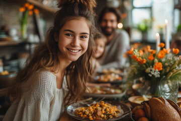 Wall Mural - whole family gathered around the table at Easter dinner in the spring