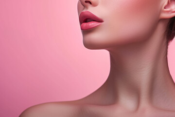 Close up female neck, collarbones isolated on pink studio background.