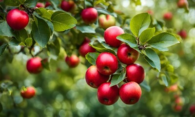 Wall Mural - Ripe apple tree in foreground, soft-focus garden