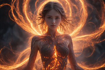 Aufkleber - Close-up shot of an angelic girl emerging from light, delicate and fragile, hair burns and glows, mesmerizing intricacy