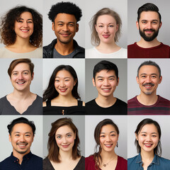  Collage portrait of multiracial smiling different business people. A lot of happy modern people faces in mosaic collection. Successful business, career, diversity concept 