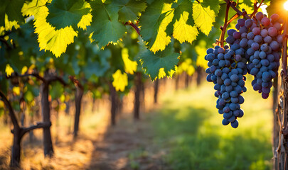 Canvas Print - Sunny vineyard with clusters of ripe grapes in focus