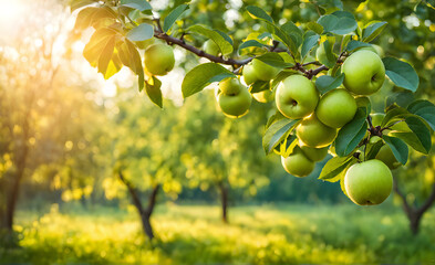 Wall Mural - Green apple-laden tree focal point, lush garden