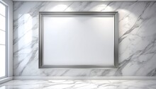 Huge Silver Frame On White Marble Wall, Empty Room With Spotlights From Above, Window On The Left 
