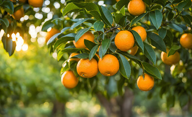 Wall Mural - Abundant orange tree with ripe oranges in focus foreground, garden setting background