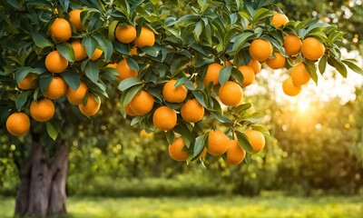 Wall Mural - Abundant orange tree with ripe oranges in focus foreground, garden setting background