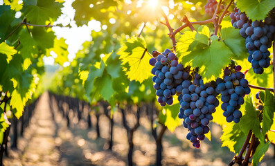 Canvas Print - Sunny vineyard with clusters of ripe grapes in focus