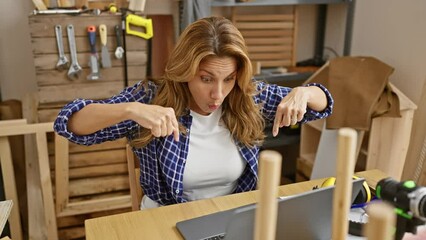 Poster - Stunning latin woman at carpentry studio, ecstatically pointing down at her amazing work ad, sitting at wooden table with a shocked expression.