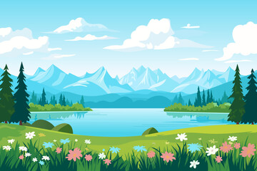 Fototapete - Vector illustration of a mountain lake landscape. Cartoon flat panorama of spring and summer beautiful nature, green meadow, fields with flowers, forest, stunning blue lake and mountains.