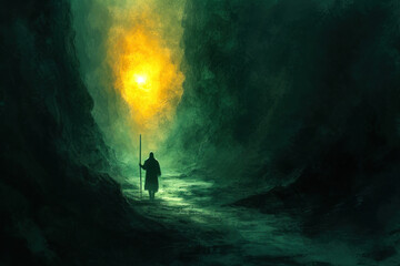 Canvas Print - A man walking through a dark valley toward the heavenly light trusting in God Generative AI Illustration