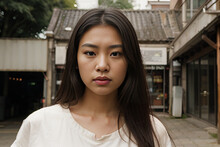 Photo Of A Young Woman Standing In Front Of A Shop With Asian Architectural Style
