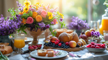 Exuberant Easter Breakfast Table With A Large Bouquet Spring Flowers - Generative AI