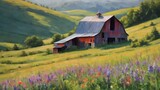 Fototapeta Paryż - hand-drawn image of a red farm on green flowering fields. landscape painting