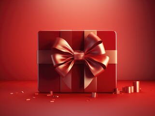 Wall Mural - A red gift box with a bow sits on a table, waiting to be opened.