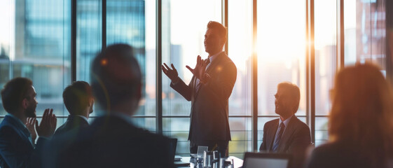 In the golden hour of a corporate setting, a leader addresses his team, their applause echoing appreciation and shared vision