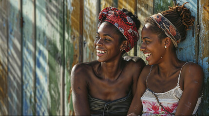 Wall Mural - Two African-American women wearing traditional headscarves, posing with a multi-colored wooden wall and the shade of a palm tree next to them