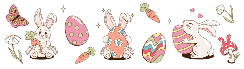 Collection of retro 60s, 70s groovy festive Happy Easter stickers. Vector set of cute cartoon bunnies, Easter eggs, butterflies, flowers, carrots and mushroom Isolated on a transparent background