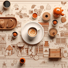 Vintage Coffee Illustration With Cup And Beans, Hinting At A Digital Music Experience