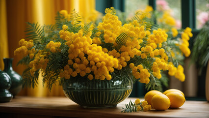 Wall Mural - Bouquet of mimosa in an antique vase on a dark background