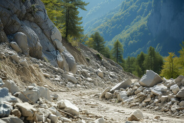 Rockfall: Mountainous Hazards, Area impacted by rockfall, fallen rocks and debris. Area strewn with rocks and debris following a rockfall, indicating the hazards present in mountainous regions.