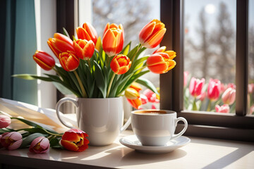 Wall Mural - Bouquet of spring flowers in a vase on a light background