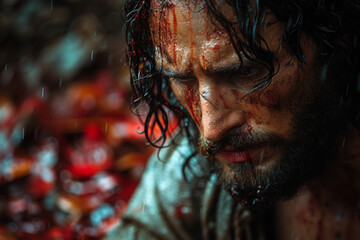 Wall Mural - imagination of christ in the garden of gethsemane, praying earnestly as drops of blood fall to the g