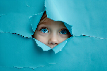 Wall Mural - Boy looking through paper. Boys blue eye peering through through blue ripped paper. Man with eye peeking through torn paper. Face of young boy visible through hole in color paper