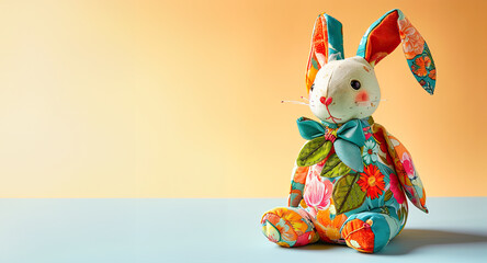 Wall Mural - Handicraft Easter Rabbit From fabrics. Stuffed Bunny Toys Dressed in Spring Outfits with carrots.