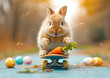 Bunny on a skateboard with carrots on a sunny field