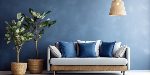 Contemporary blue decor, wicker sofa, plant lamp in vase-style frame.