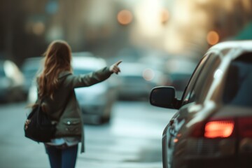 Wall Mural - a woman is standing in the street with her hand up