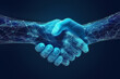© GoodandEvil - Two wire-frame glowing hands coming together in a handshake, representing technology, business, and the concept of trust