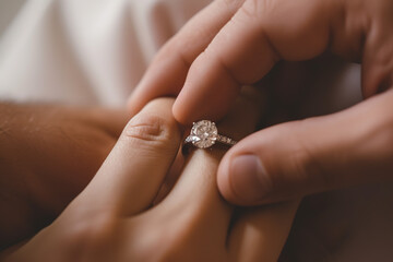 Wall Mural - Close-up of a man's hand sliding an elegant silver engagement ring adorned with a sparkling diamond onto a woman's delicate finger