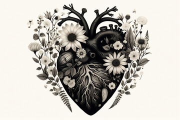 Wall Mural - Anatomical Floral Heart Art. Valentines day card. Anatomical heart with flowers. Black and white ink illustration