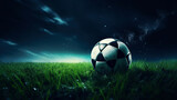 Fototapeta Sport - Illuminated Soccer Ball on Fresh Green Grass at Twilight