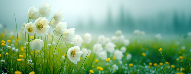 Canvas Print - Ethereal white Fritillaria flowers amidst a foggy, dewy meadow