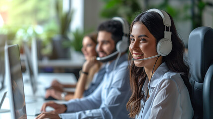 Wall Mural - Smiling peoples with headsets using computer and smiling while working in white office. Man and woman operators talking on headset with clients. Group of telemarketing customer service team.