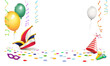 Karneval Plakat mit Faschingshut, Luftballons, Konfetti, Tröten, Luftschlangen und Maskenbrille,
Vektor Illustration isoliert auf weißem Hintergrund
