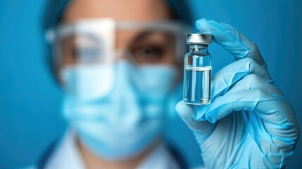 Blurred photo of a doctor in a mask, white coat and protective gloves holds the medicine in a glass ampoule. Precision and care in the hands of a dedicated doctor.