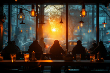 Wall Mural - figures in a busy cafe, captured in silhouette against large windows, their faces hidden by the inte