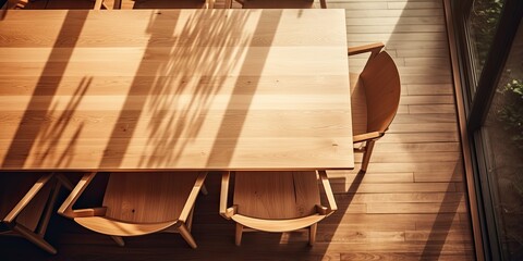 Poster - Chic indoor furniture: empty wooden table and chairs, seen from above.